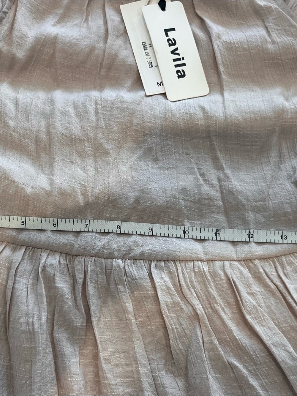 High Neck Ruffle Gauze Dress MEDIUM Beige Tan Tiered Midi Cottage Pockets NWT - Picture 12 of 14